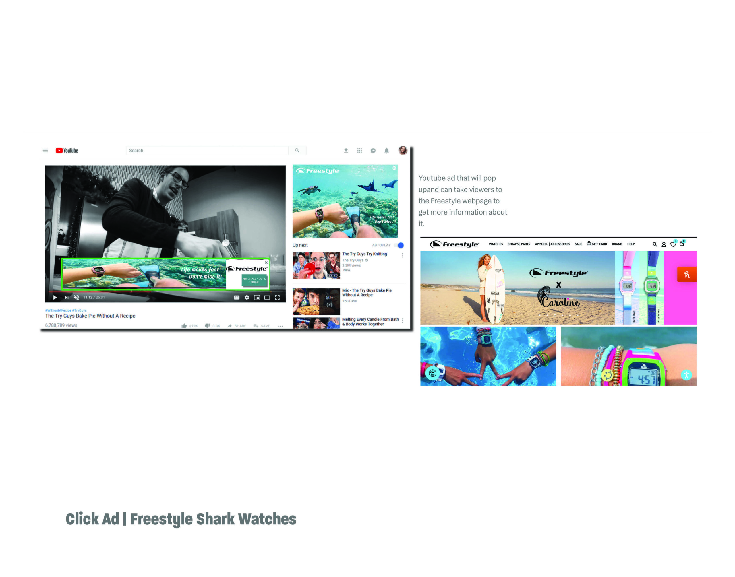 Porfoliobookv22 Youtube click ad with shark watch underwater ad. Click the button on the ad and takes you to the website